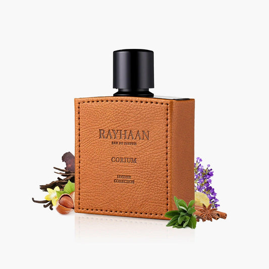 Rayhaan Corium Eau De Parfum bottle from the Leather Collection with brown textured leather casing surrounded by spices, herbs, and vanilla on a white background