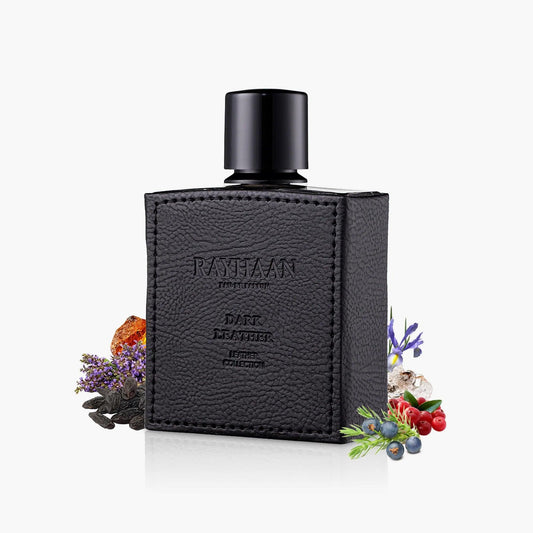 Rayhaan Dark Leather Eau De Parfum bottle with black textured leather design surrounded by berries, amber, lavender, and spice elements on a white background