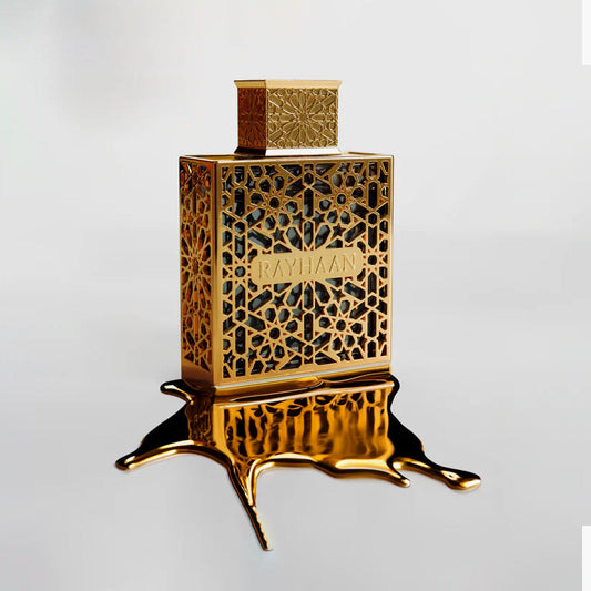 Rayhaan perfume bottle with intricate gold geometric design and cap, placed on a reflective surface with melted golden texture