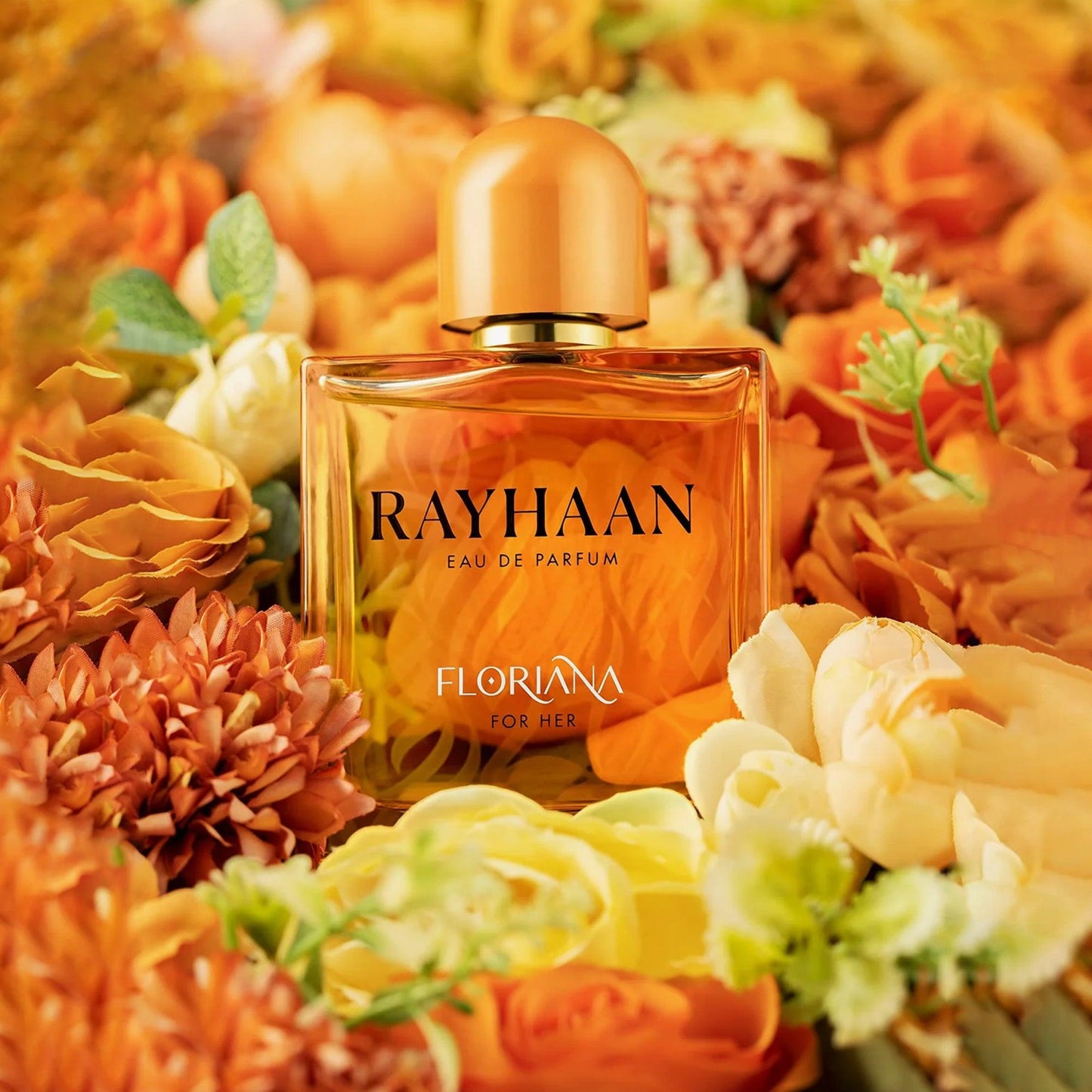 Rayhaan Floriana For Her Eau De Parfum bottle surrounded by vibrant orange, yellow, and white flowers, symbolizing a bright floral fragrance
