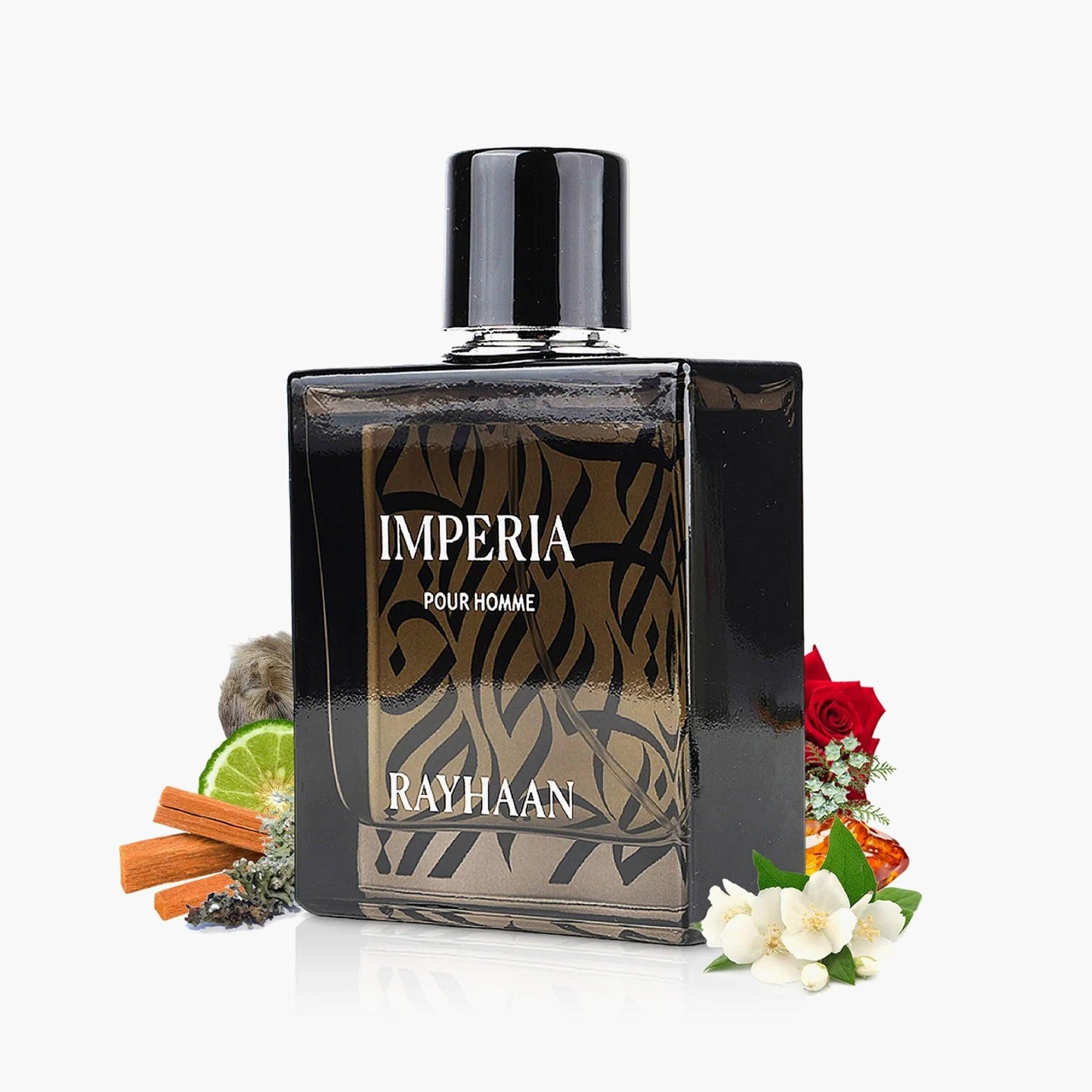 Rayhaan Imperia Pour Homme Eau De Parfum black patterned bottle surrounded by cinnamon sticks, lime, white flowers, lavender, and red rose on a white background