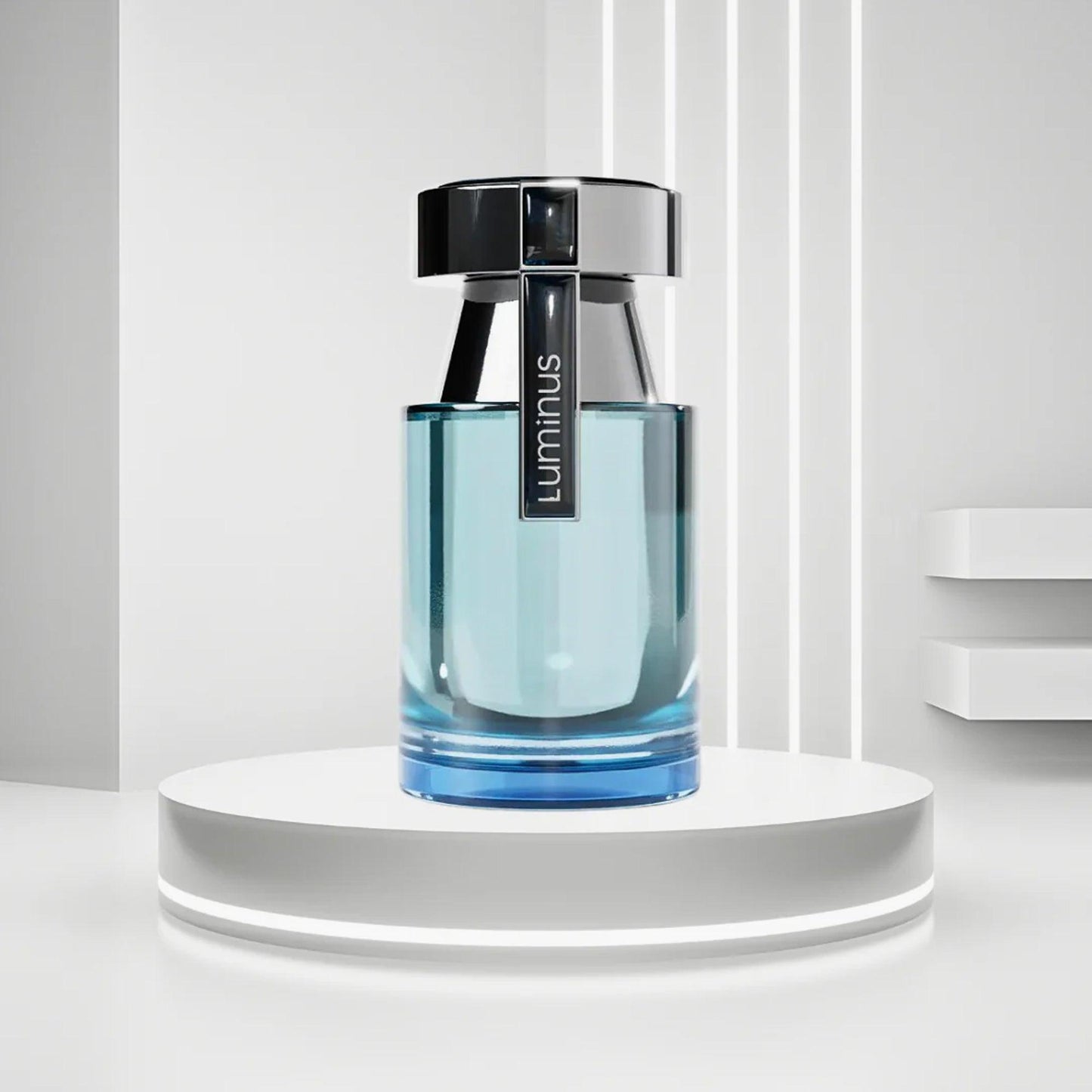 Rue Broca Luminous Eau De Parfum bottle in sleek blue glass design with black cap displayed on a glowing white pedestal background