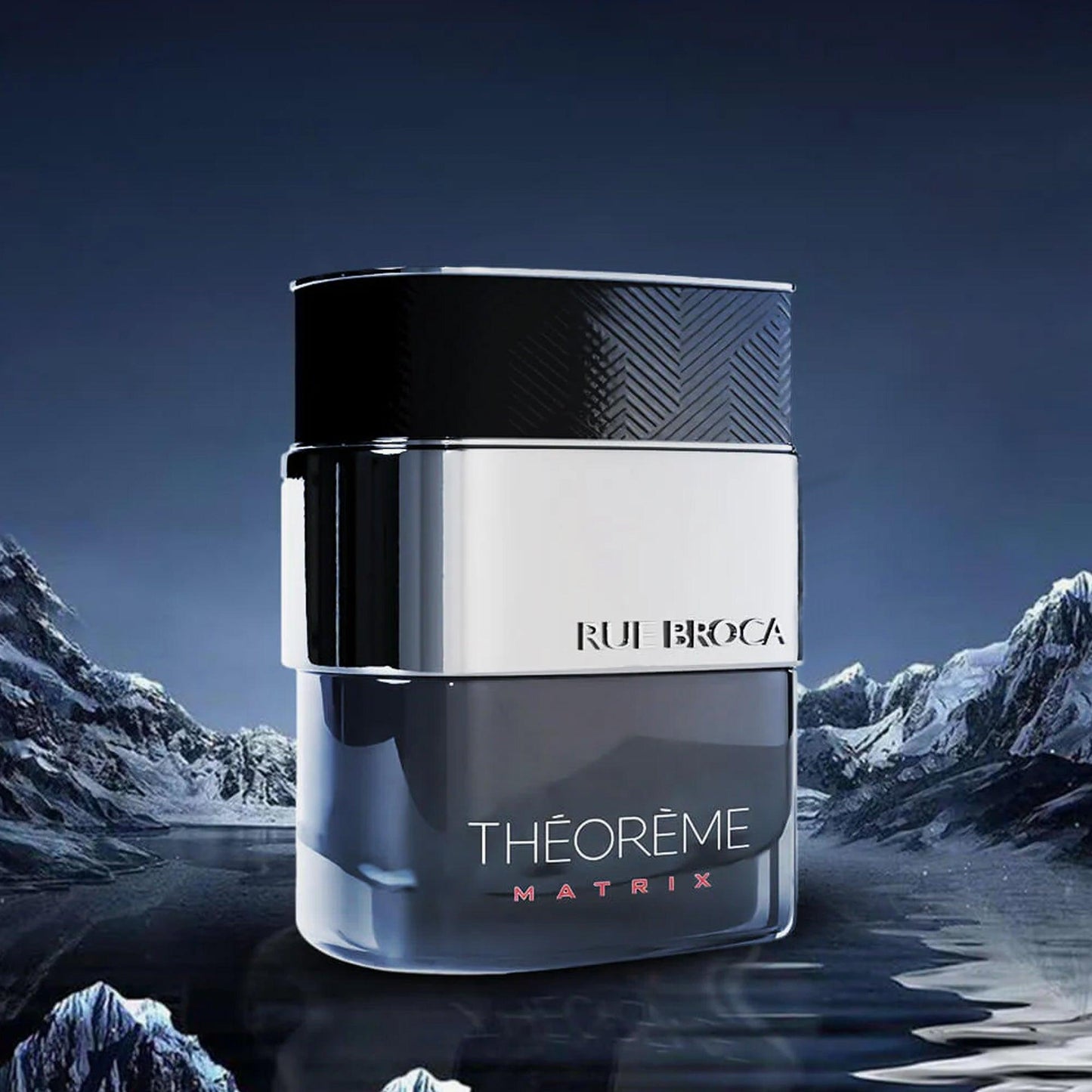 Rue Broca Theoreme Matrix Eau De Parfum bottle in sleek black and silver design placed against a cool icy mountain background with reflective water surface