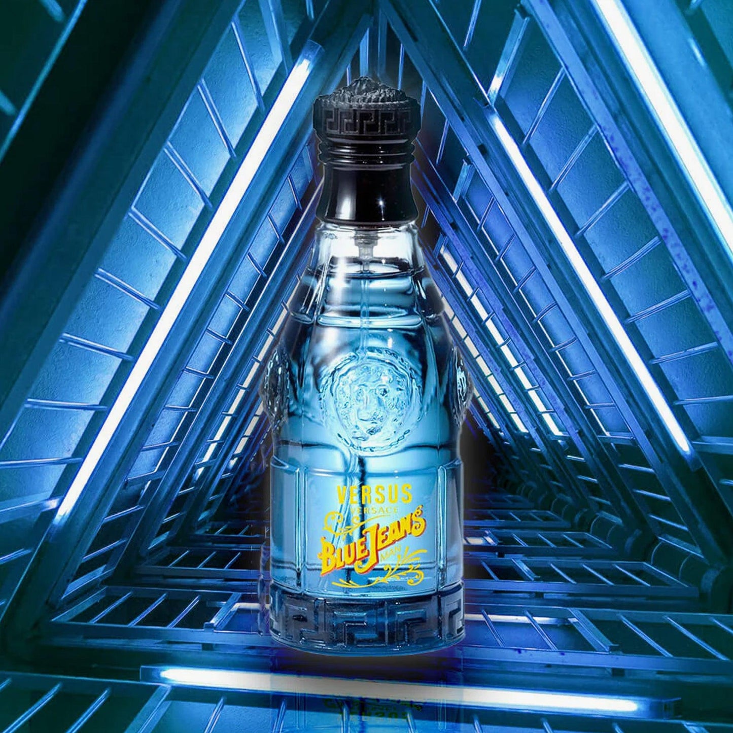 Versace Blue Jeans perfume bottle with blue neon background.