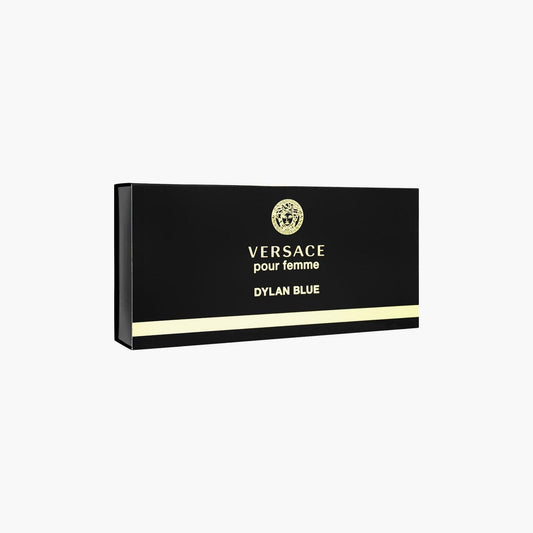 Versace Pour Femme Dylan Blue perfume box with black packaging and gold accents