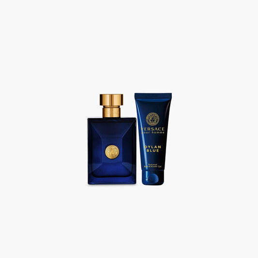 Versace Pour Homme Dylan Blue Travel Set with Eau De Toilette and Bath & Shower Gel, packaged in a black box with gold accents