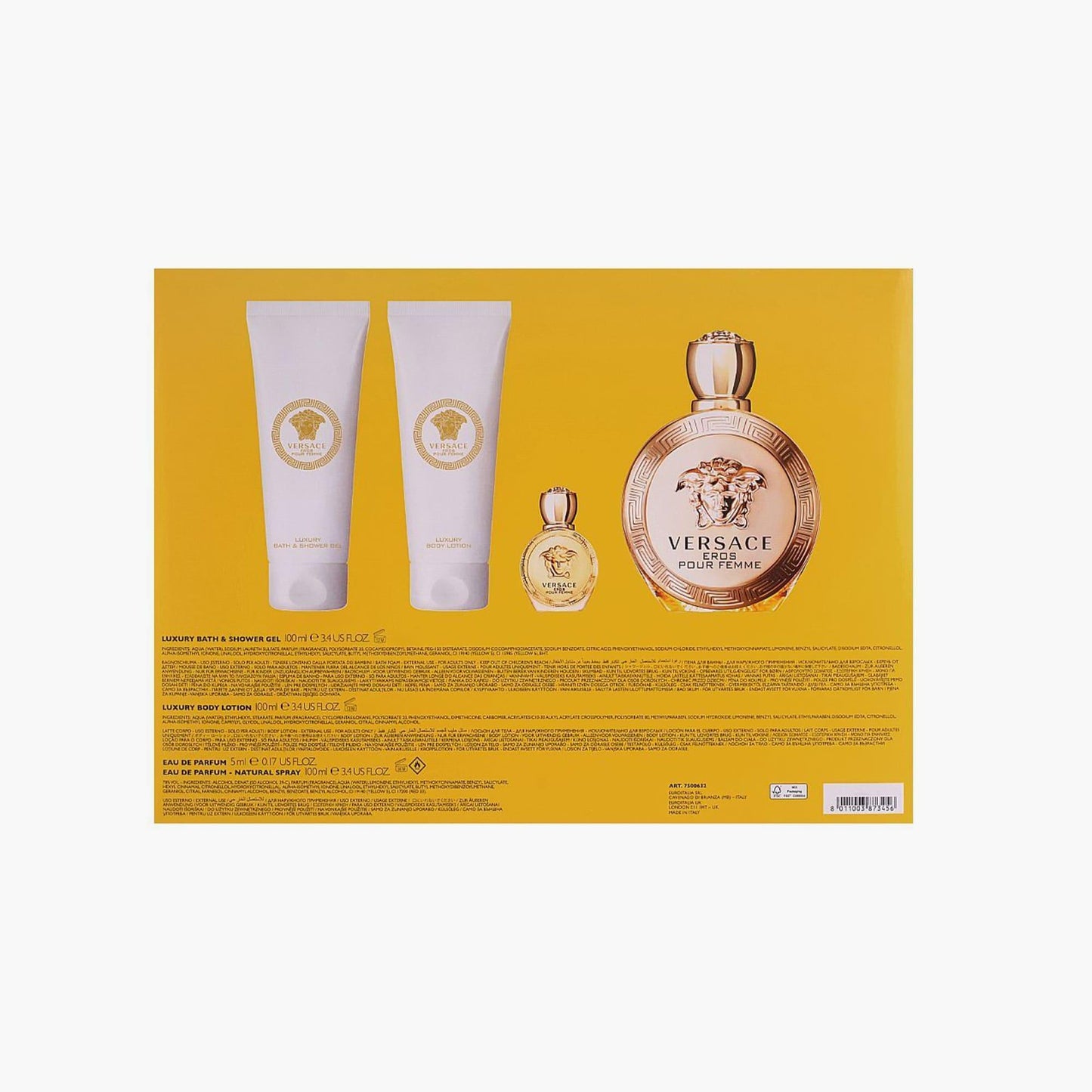 Back of Versace Bright Crystal gift set box showing product details on yellow background