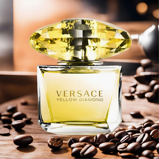 Versace Yellow Diamond fragrance on wooden table with coffee beans