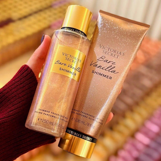 Victorias Secret Bare Vanilla Shimmer mist and lotion set on golden background