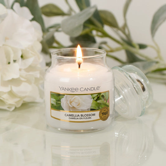 Yankee Candles Yankee Camellia Blossom Scented Candle Bottle and Packaging
