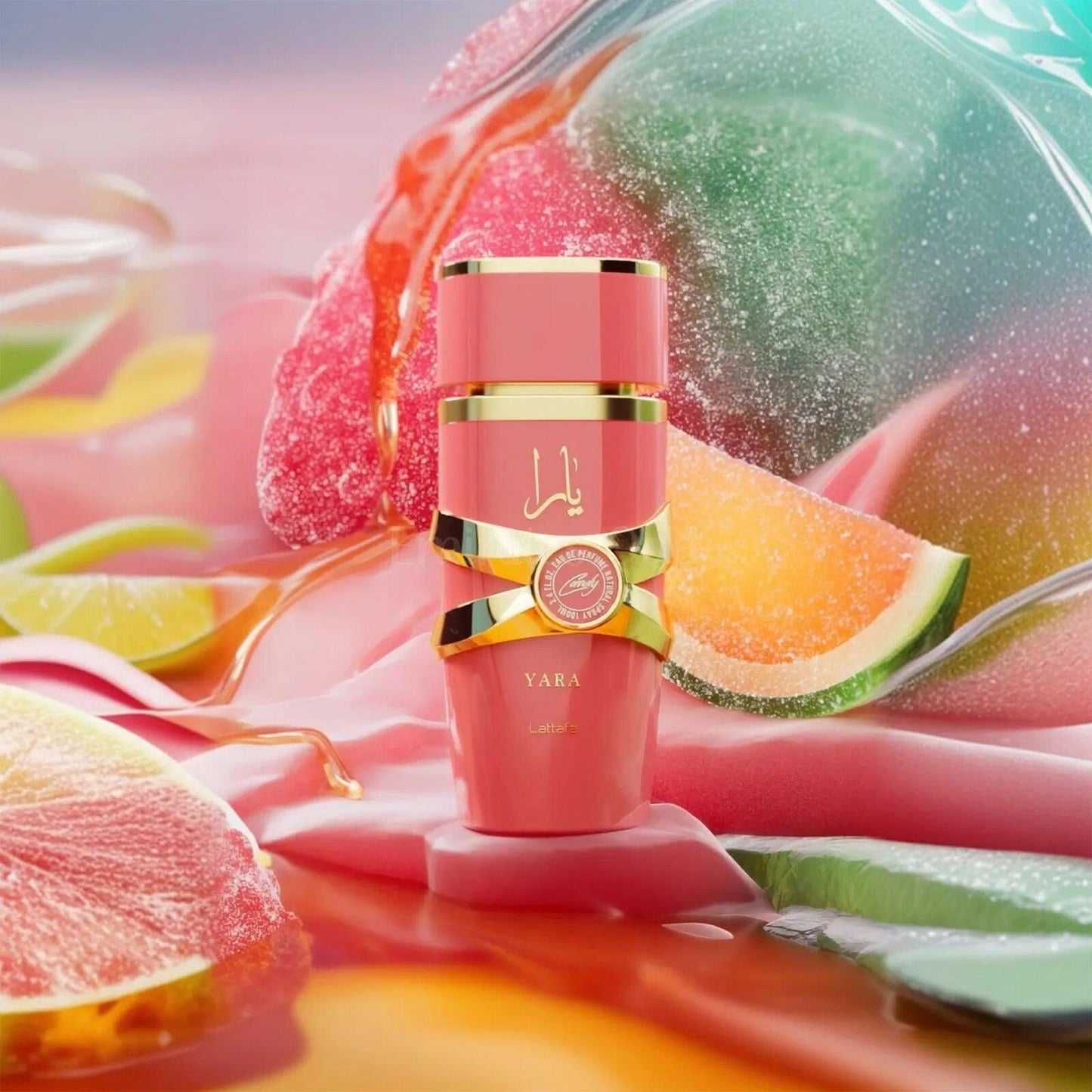 Lattafa Yara perfume bottle with fruity background.