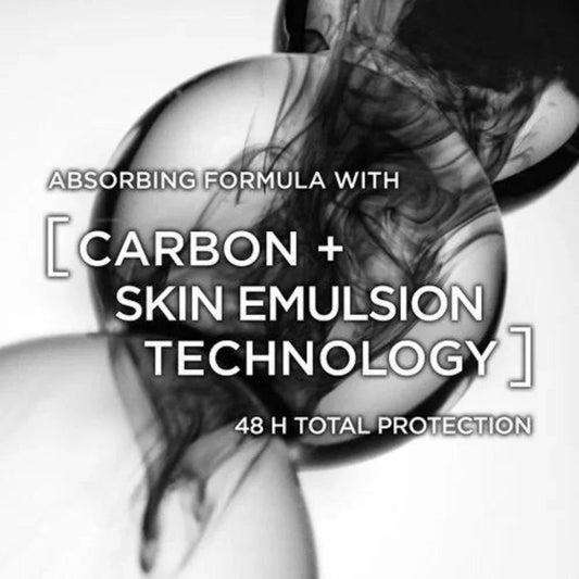 L'Oreal Men Expert Carbon Protect graphic showing Carbon and Skin Emulsion Technology.