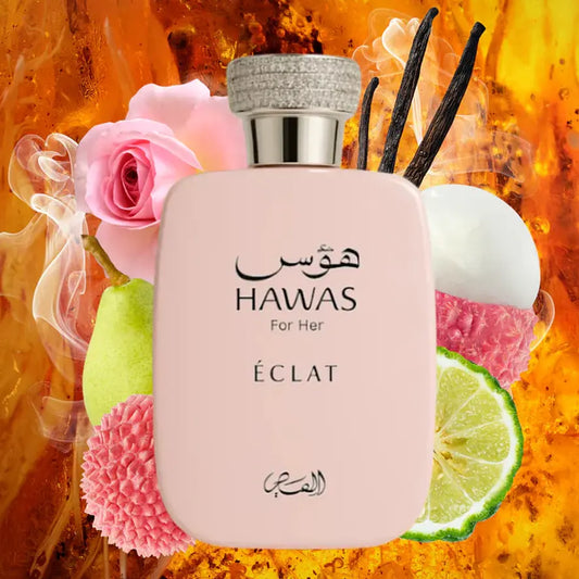 Rasasi Hawas Eclat Eau De Parfum For Women 100ml Bottle and Packaging