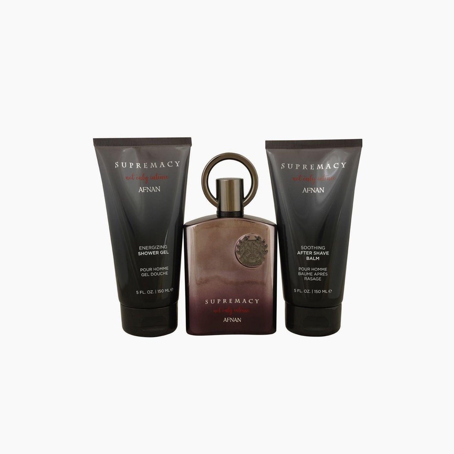 Afnan Supremacy Men’s fragrance set with Energizing Shower Gel, Soothing After Shave Balm, and perfume bottle, all in black and red packaging