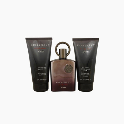 Afnan Supremacy Men’s fragrance set with Energizing Shower Gel, Soothing After Shave Balm, and perfume bottle, all in black and red packaging