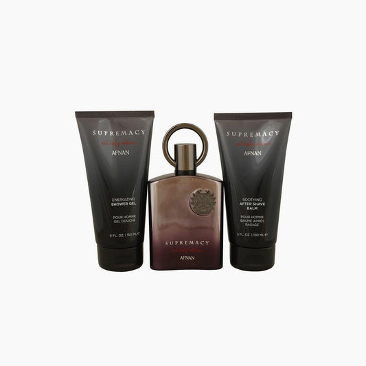 Afnan Supremacy Men’s fragrance set with Energizing Shower Gel, Soothing After Shave Balm, and perfume bottle, all in black and red packaging