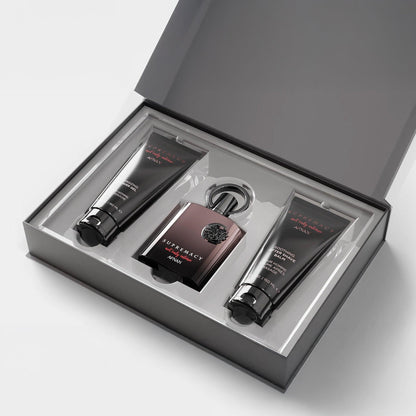 Afnan Supremacy Men’s fragrance set in a gift box with perfume, Energizing Shower Gel, and Soothing After Shave Balm arranged inside