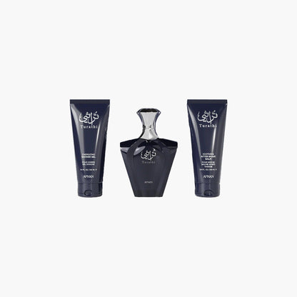 Afnan Turathi Blue gift set featuring a sleek dark blue perfume bottle with matching shower gel and after-shave balm, designed for men who appreciate luxury and sophistication.