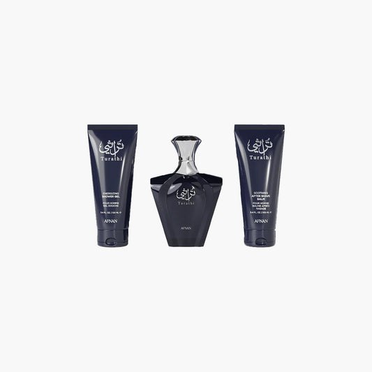 Afnan Turathi Blue gift set featuring a sleek dark blue perfume bottle with matching shower gel and after-shave balm, designed for men who appreciate luxury and sophistication.