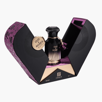 Ahmed Al Maghribi Oud & Roses Eau De Parfum 60ml displayed in an elegant black and purple open gift box with gold detailing