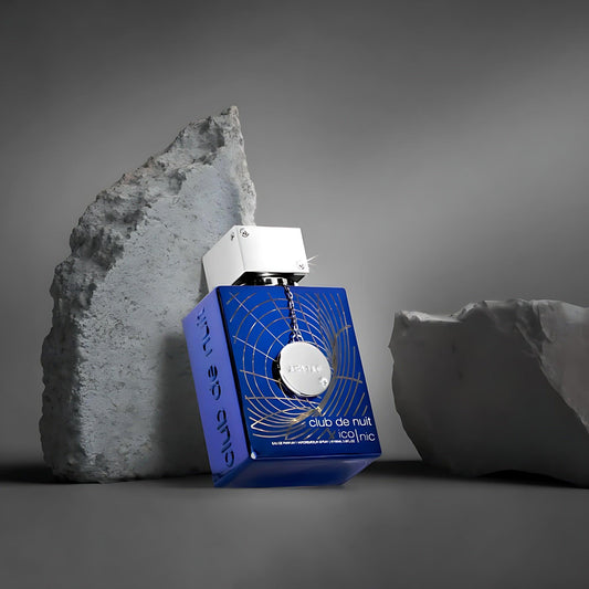 Armaf Club De Nuit Iconic perfume bottle with stone background.