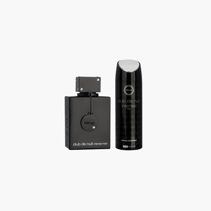 Armaf Club De Nuit Intense Man gift set featuring a black square perfume bottle and matching body spray canister displayed against a plain white background.