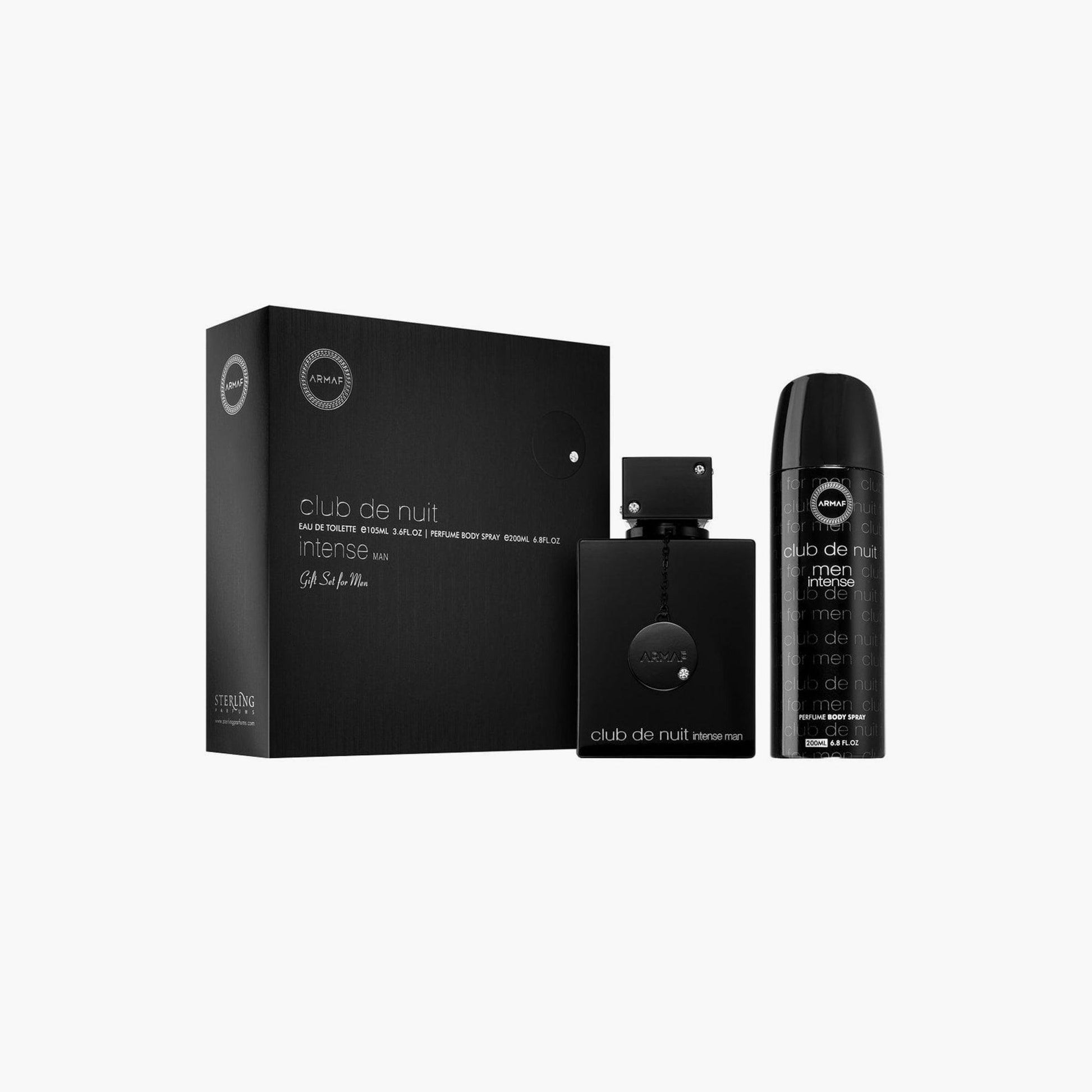 Armaf Club De Nuit Intense Man gift set featuring a matte black perfume bottle, matching deodorant spray, and elegant black box displayed on a white background.