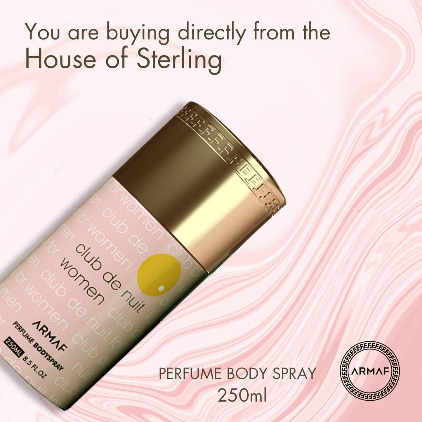 Armaf Club De Nuit Women body spray bottle on pink background.