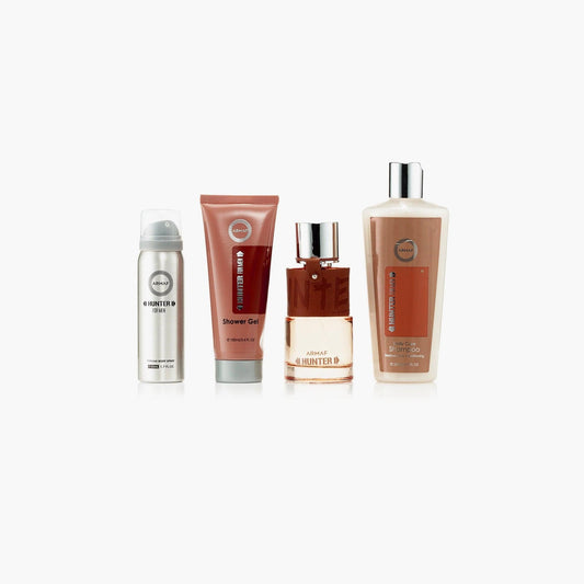 Armaf Hunter Intense gift set featuring a metallic deodorant, shower gel, perfume bottle, and body lotion, all displayed in warm brown and silver tones on a white background.