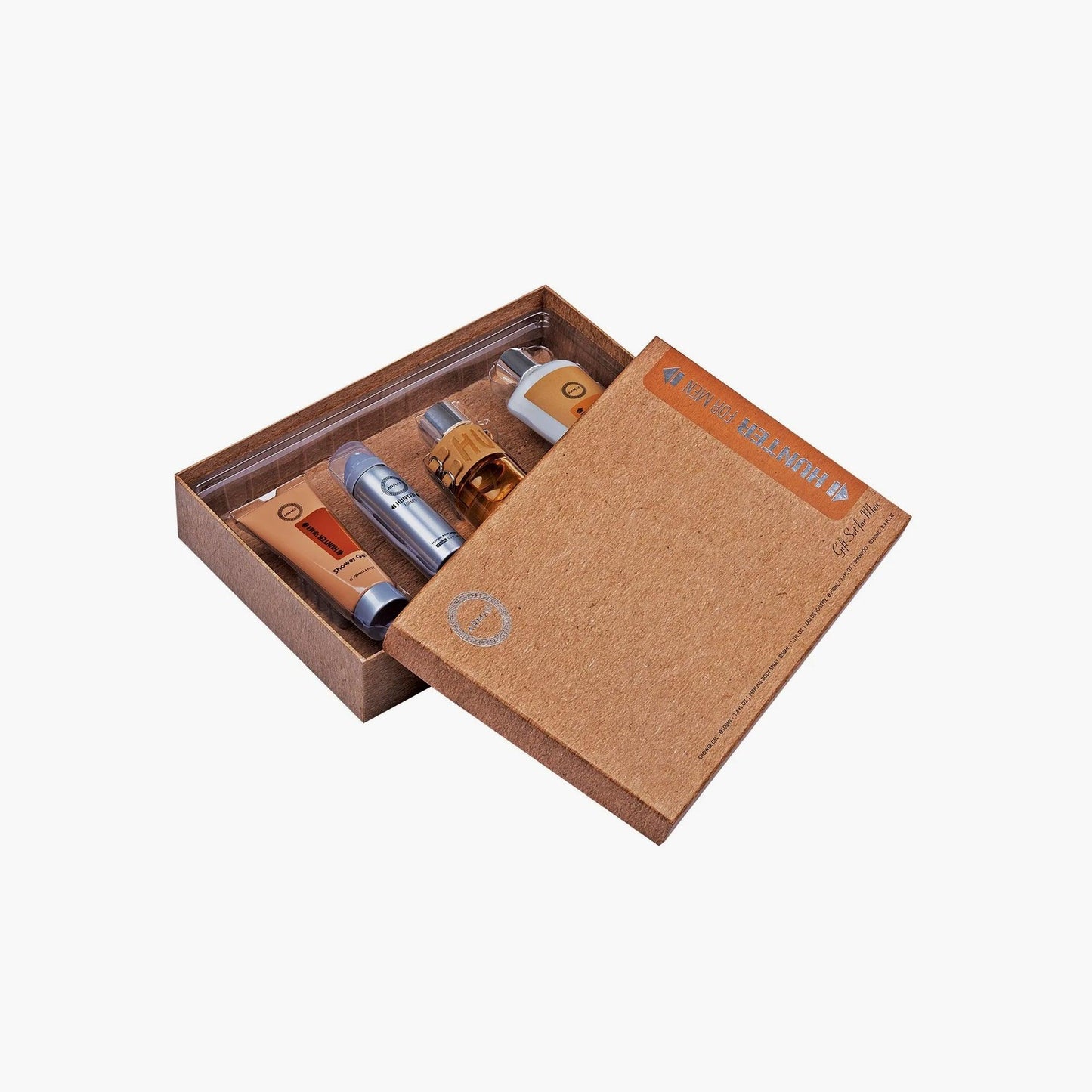 Armaf Hunter Intense gift box set featuring a perfume bottle, deodorant spray, shower gel, and body lotion arranged neatly inside a textured brown presentation box.
