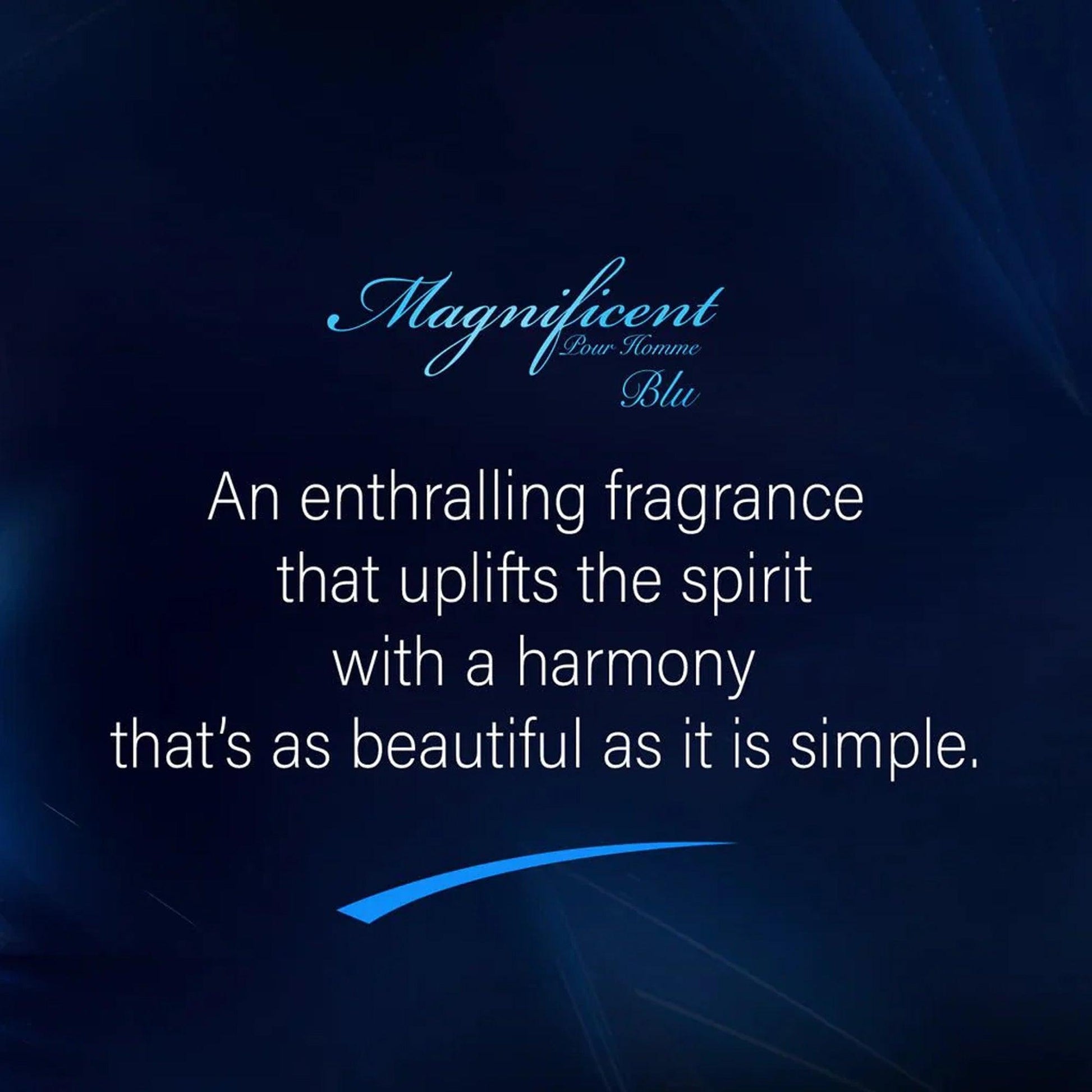 Magnificent Pour Homme Blu perfume promotional image with poetic fragrance quote on a dark blue textured background