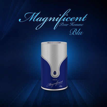 Armaf Magnificent Pour Homme Blu Eau De Parfum bottle in silver and blue design displayed against a glowing dark blue background with elegant typography