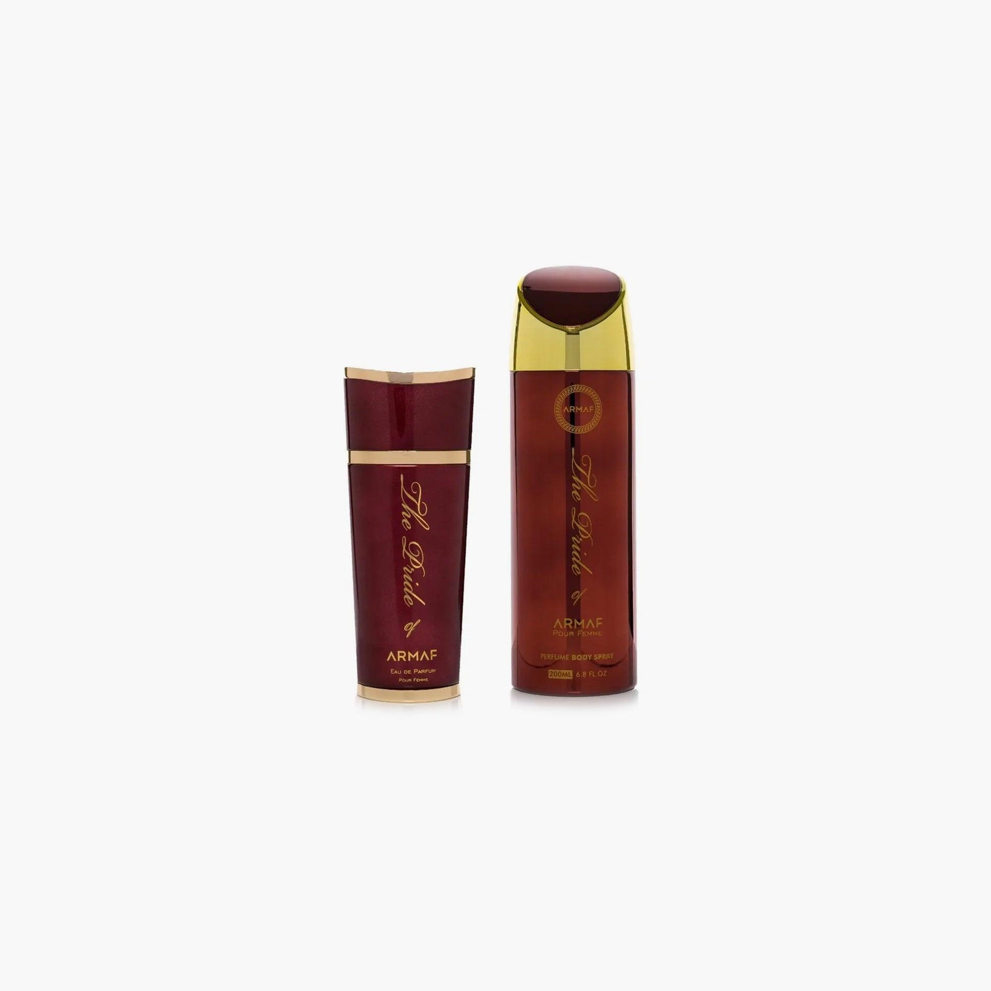 Armaf The Pride Of Armaf fragrance set featuring a maroon and gold body spray and matching perfume lotion placed on a clean white background.