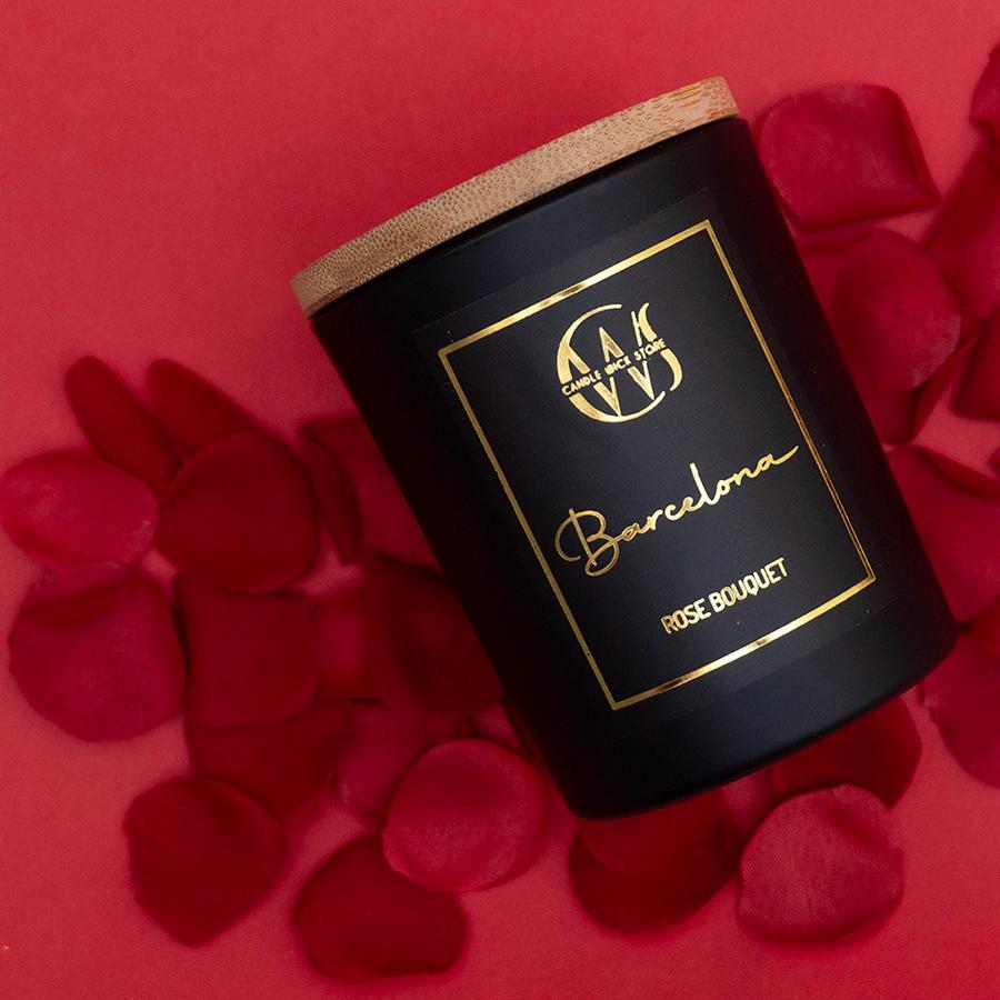 Candle Wick Store Barcelona Candle with Rose Bouquet Scent Bottle and Packaging