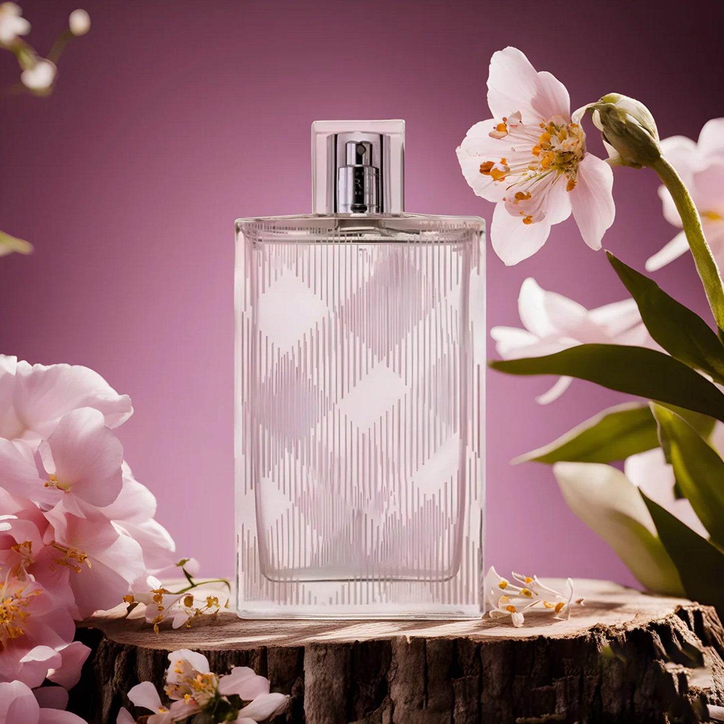 Burberry Brit Sheer Eau De Toilette clear checkered bottle surrounded by pink blossoms on a wooden surface with a soft purple background