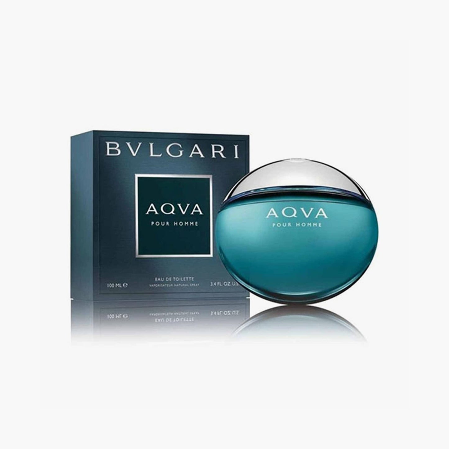 Bvlgari Aqva Pour Homme Eau De Toilette turquoise round bottle with packaging box on white background