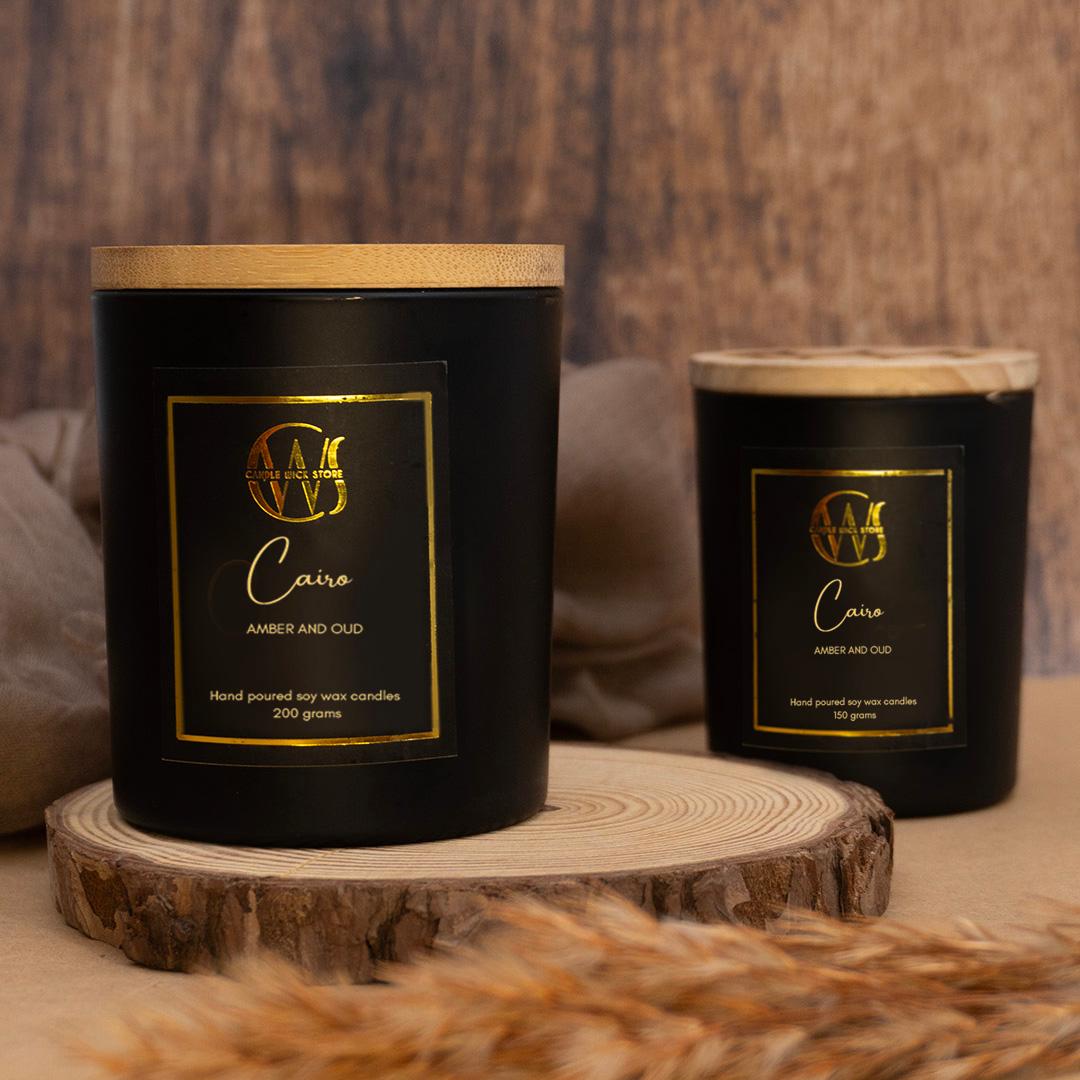 Candle Wick Store Cairo Candle With Amber And Oudh Scent Bottle and Packaging