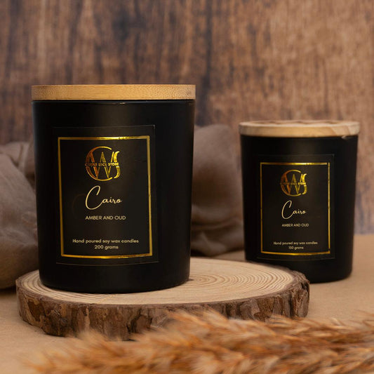 Candle Wick Store Cairo Candle With Amber And Oudh Scent Bottle and Packaging