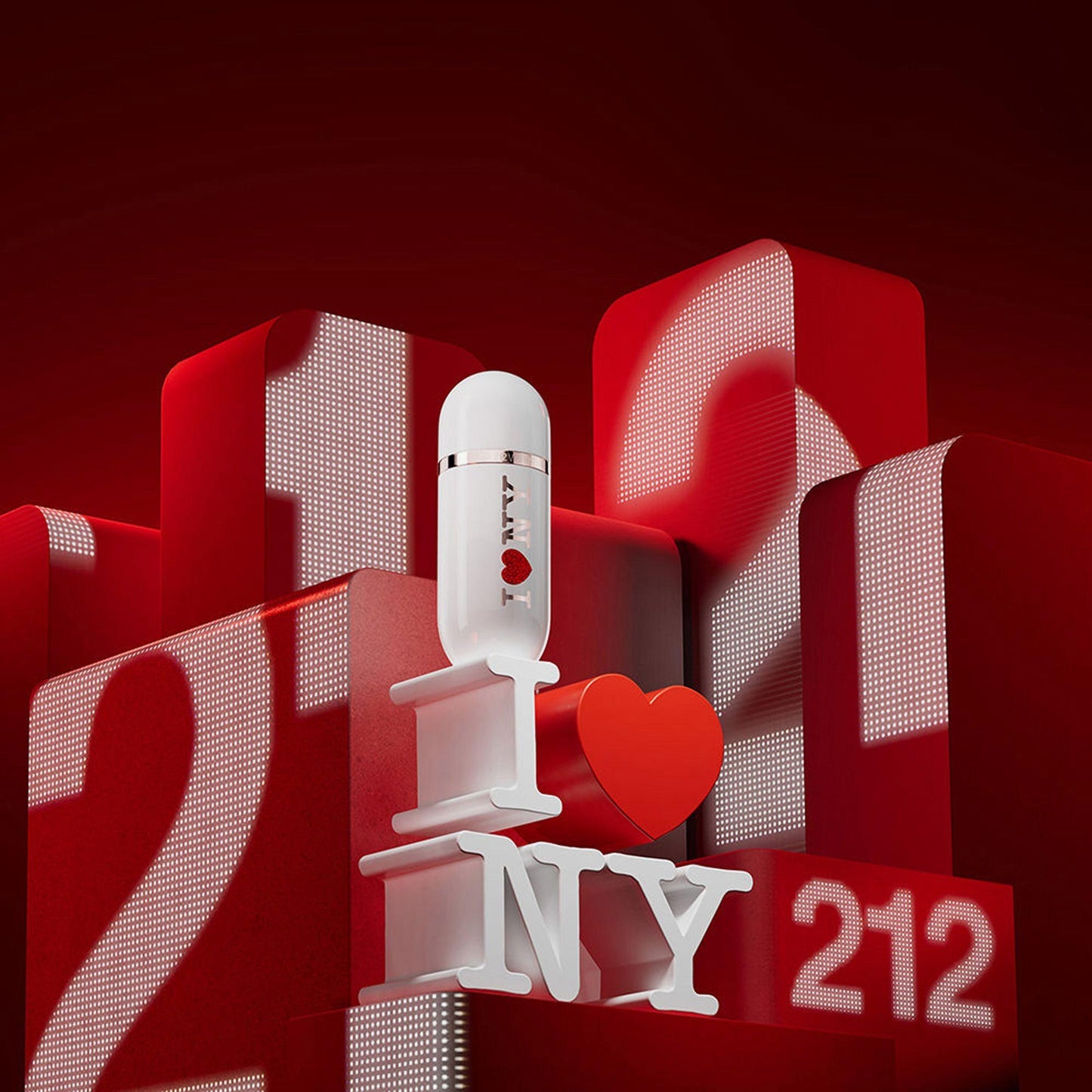 212 I Love NY perfume bottle by Carolina Herrera on red background