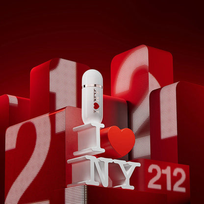 212 I Love NY perfume bottle by Carolina Herrera on red background