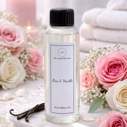 Candle Wick Store Rose and Vanilla Diffuser Refill Oil 120ml Bottle and Packaging