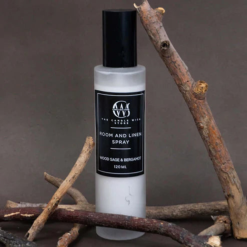 Candle Wick Store Room & Linen Wood Sage & Bergamot Spray 120ml Bottle and Packaging