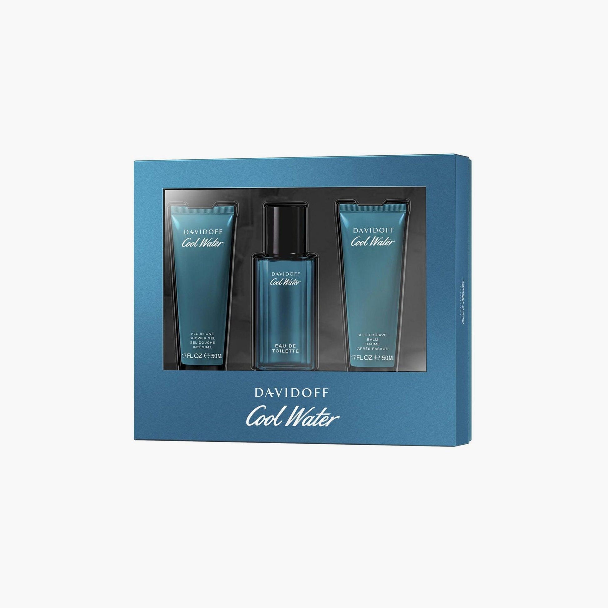 Davidoff Cool Water Eau De Toilette gift set with perfume, aftershave, and shower gel in blue packaging