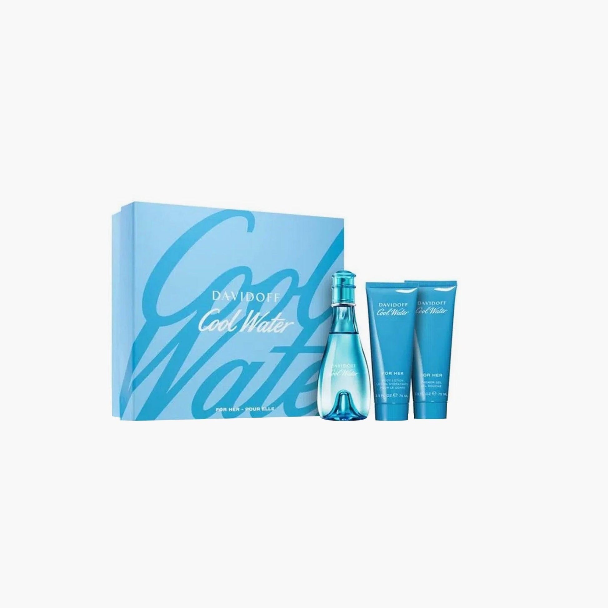 Davidoff Cool Water Eau De Toilette gift set with perfume, shower gel, and aftershave in blue box packaging