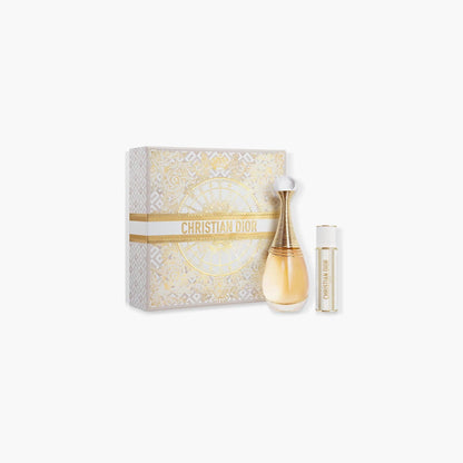 Christian Dior Jâ€™adore Eau De Parfum gift set with a perfume bottle and travel spray, presented in a luxurious gold and white box