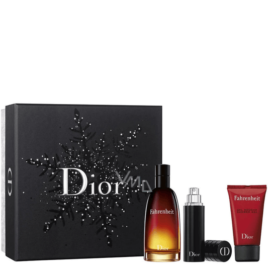 Dior Fahrenheit Eau De Toilette gift set with fragrance, deodorant spray, and aftershave balm in snowflake-themed packaging