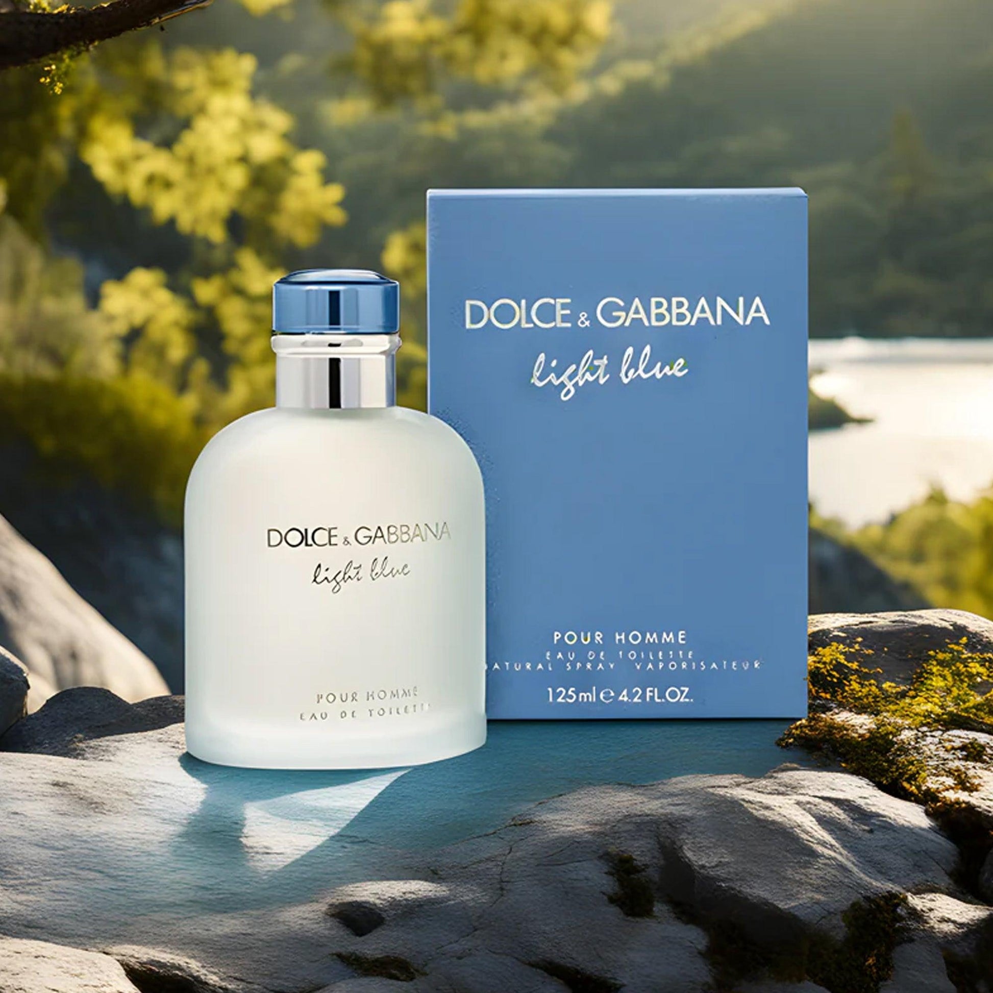 Dolce & Gabbana Light Blue Pour Homme Eau De Toilette 125ml bottle and box displayed on rocky surface with scenic outdoor background of lake and trees