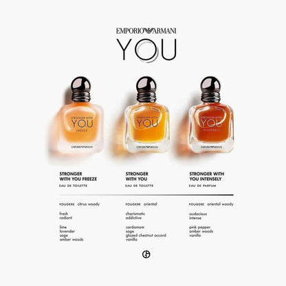Emporio Armani Stronger With You perfume collection display featuring Stronger With You Freeze, Stronger With You, and Stronger With You Intensely bottles with fragrance notes listed below.