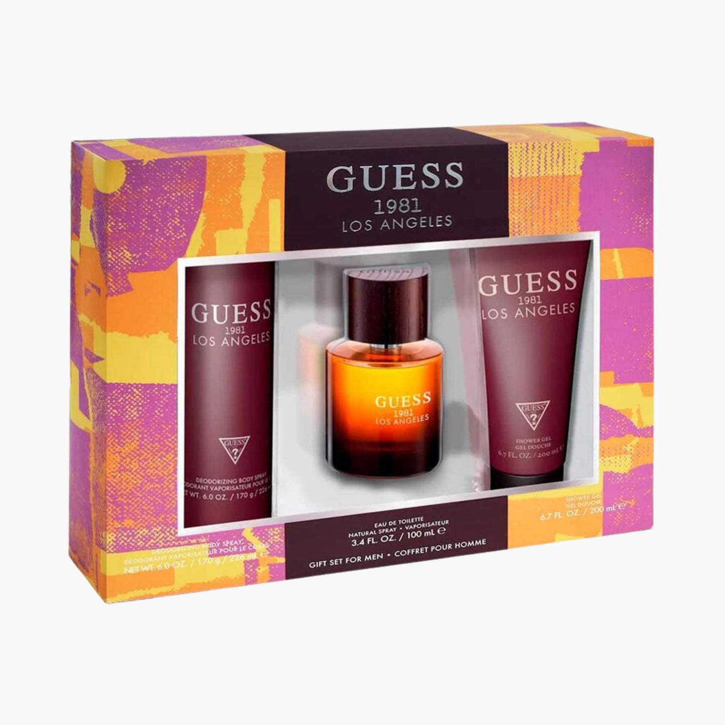 Guess 1981 Los Angeles men's fragrance gift set in vibrant packaging, featuring a full-size perfume, deodorizing body spray, and shower gel.