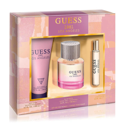 Guess 1981 Los Angeles fragrance gift set with body lotion, Eau De Toilette 100ml bottle, and rollerball in a colorful box packaging